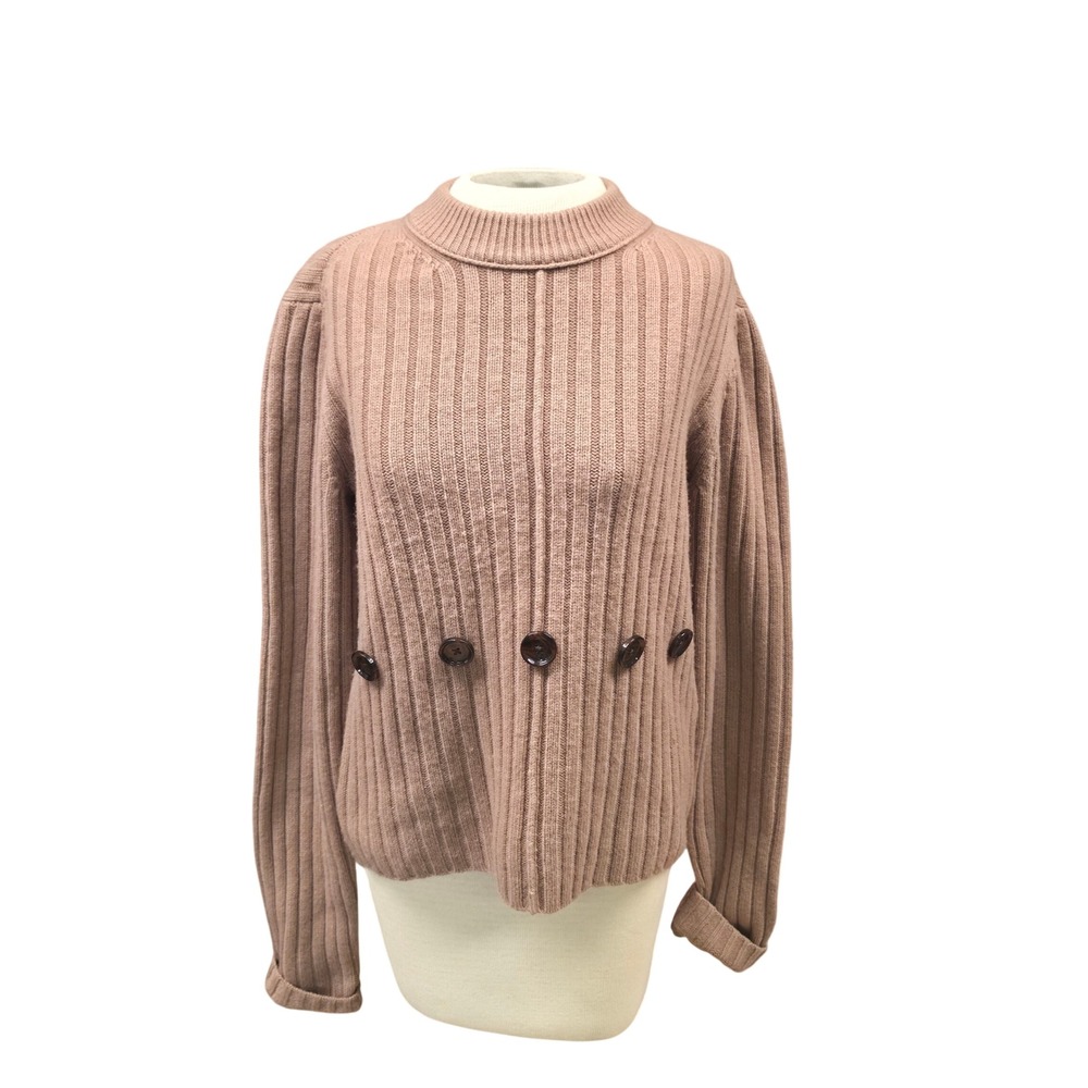 Joseph Ribbed Knit Sweater Womens Large Tan Good Wool Mock Neck Button Detail